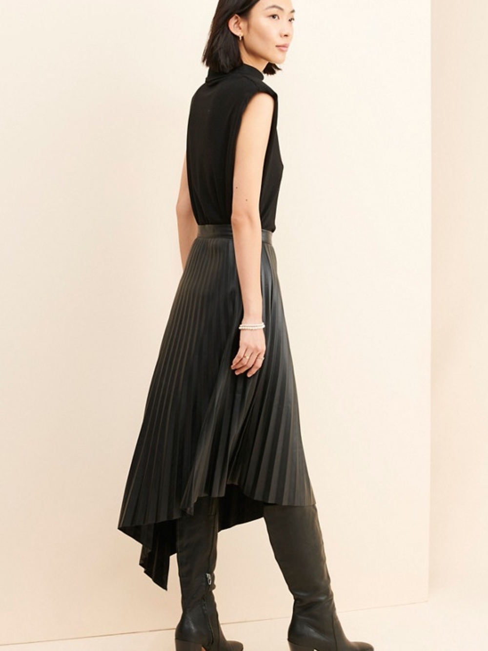 bishop + young Presley Vegan Leather Pleated Asymmetrical Midi Skirt - Picture 3 of 11